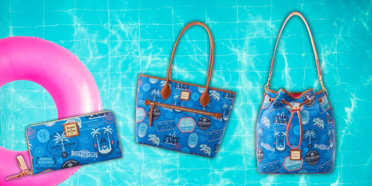 A trio of blue-themed bags and a wallet with travel-related designs are arranged on a vibrant, water-like background. A pink inflatable ring is partially visible on the left, suggesting a poolside or beach setting.