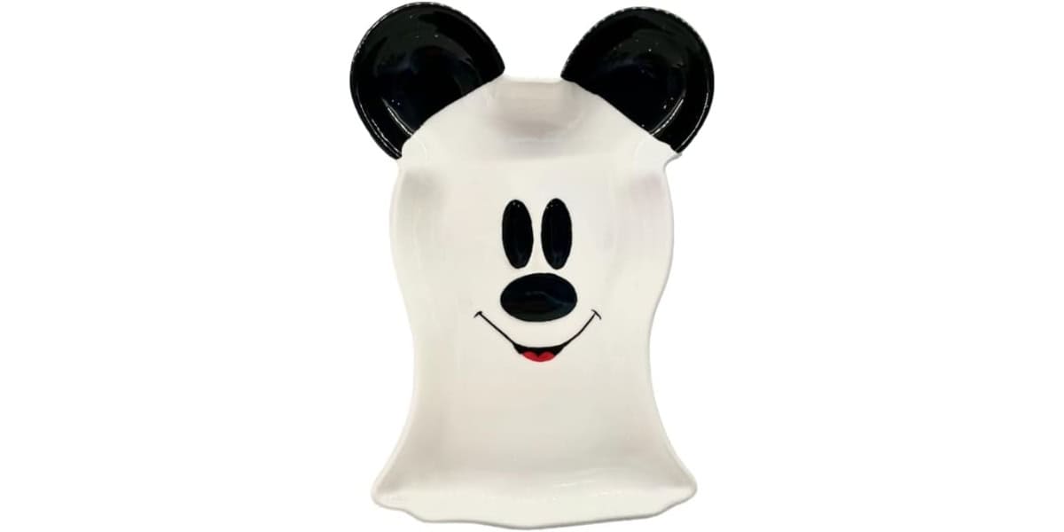 White ceramic dish styled as Mickey Mouse’s face, complete with signature black ears, cheerful eyes, and a smiling mouth—an ideal collectible for Disney fans looking to bring festive Halloween magic into their home decor.