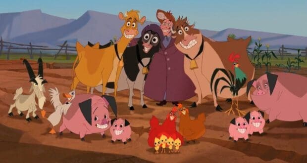 A group of animated farm animals, including cows, pigs, goats, a horse, a rooster, chickens, and a dog, stand with a person in a coat. The animals are on a dirt path with a wooden fence and mountains in the background.