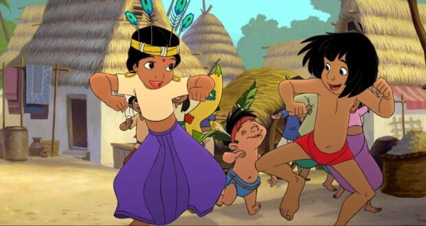 Shanti and Mowgli dancing in a colorful scene from 'The Jungle Book 2'