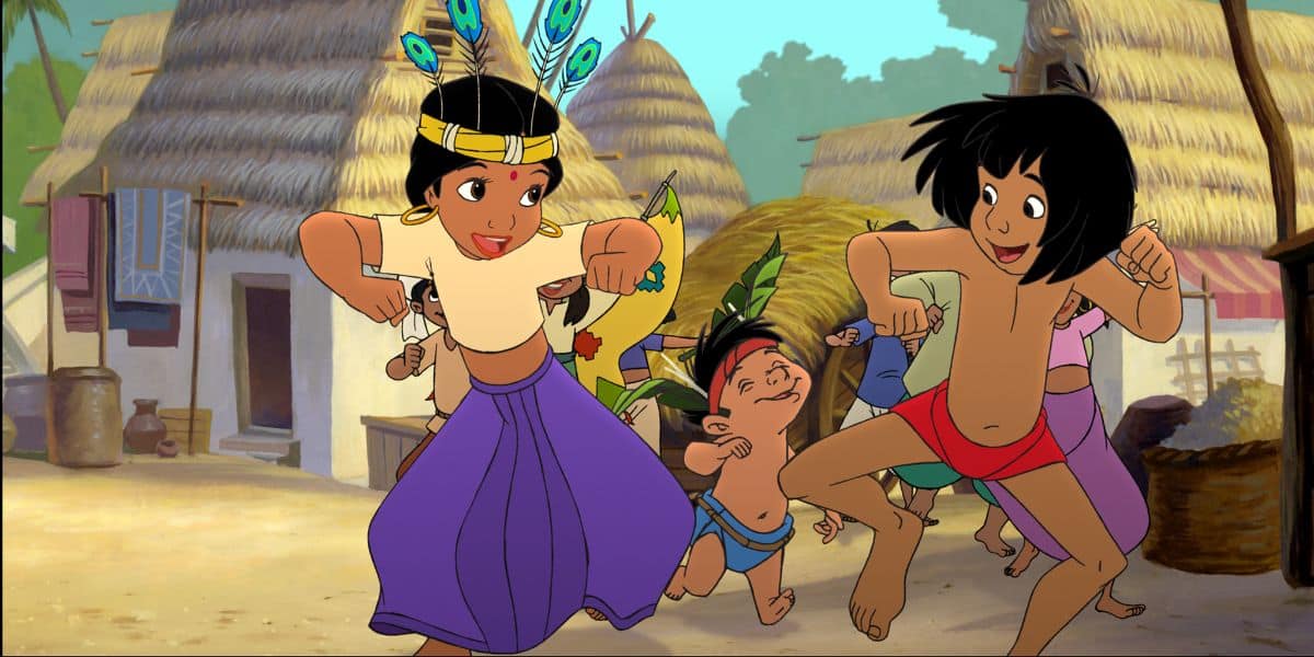 Shanti and Mowgli dancing in a colorful scene from 'The Jungle Book 2'