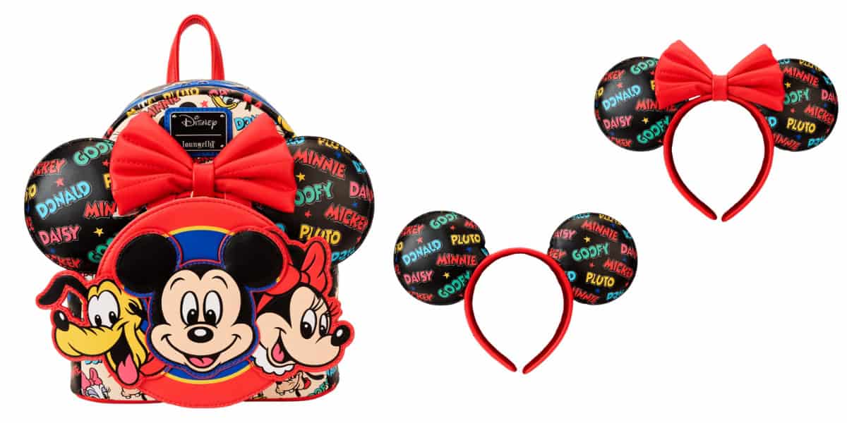 A colorful Disney-themed backpack featuring Mickey Mouse, Minnie Mouse, and Pluto with a matching pair of Minnie Mouse ears headband. The backpack has a red bow and the headband has black ears with character names in colorful text.