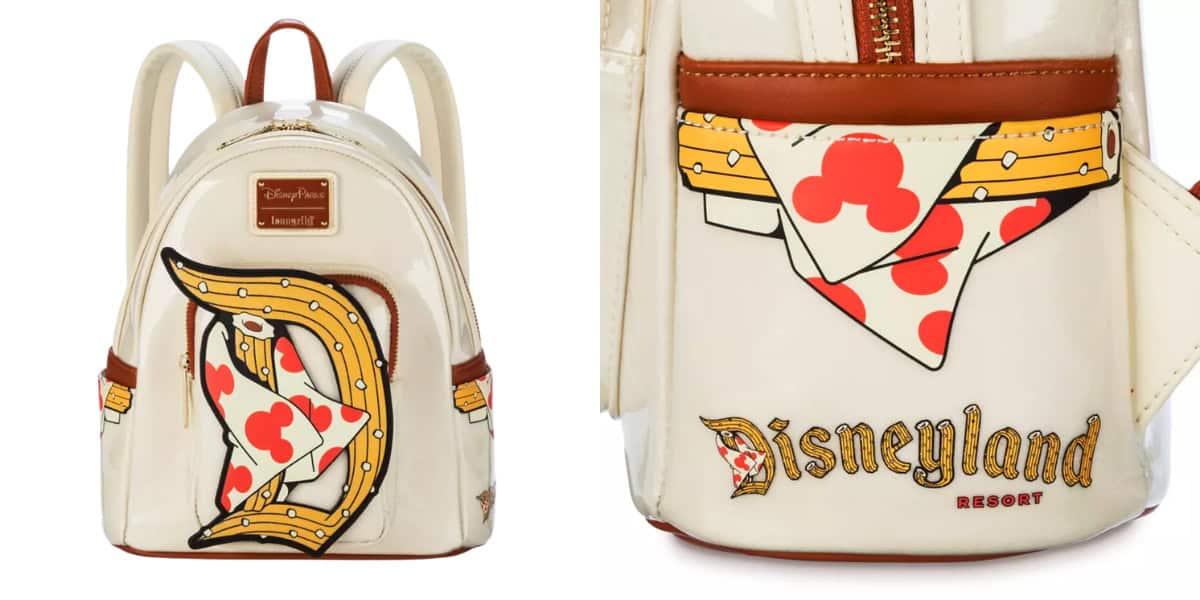 A small, shiny white backpack with brown accents featuring a large red ace card design and the Disneyland Resort logo. The left image shows the full backpack; the right image is a close-up of the lower part and card details.