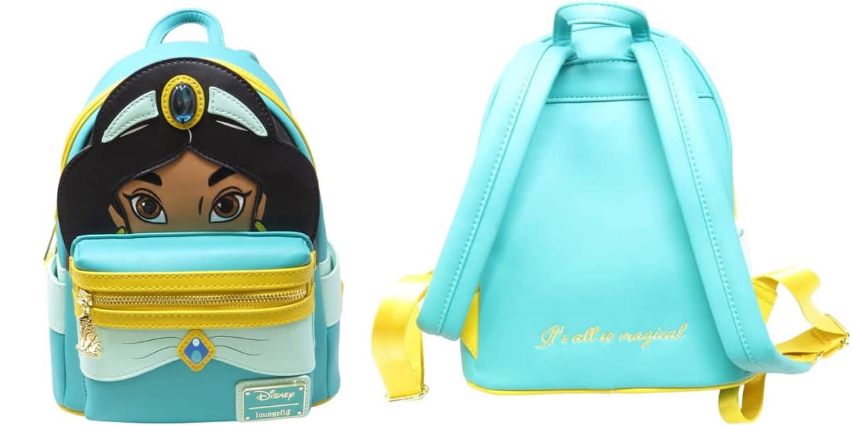Front and back views of a turquoise backpack featuring a stylized character design on the front pocket. The back reads "It's all so magical!" in yellow script. The backpack has adjustable yellow straps.