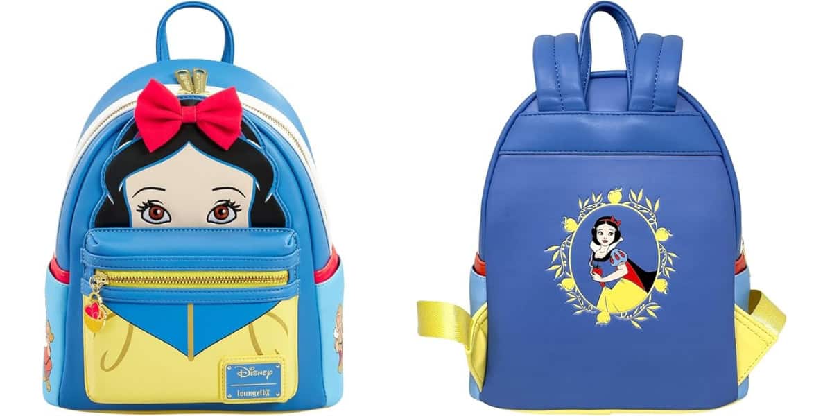 Two backpacks are shown. The left backpack features a cartoon face with a red bow and colorful details. The right backpack is blue with an illustration of the same character in a yellow dress, set within a floral frame.