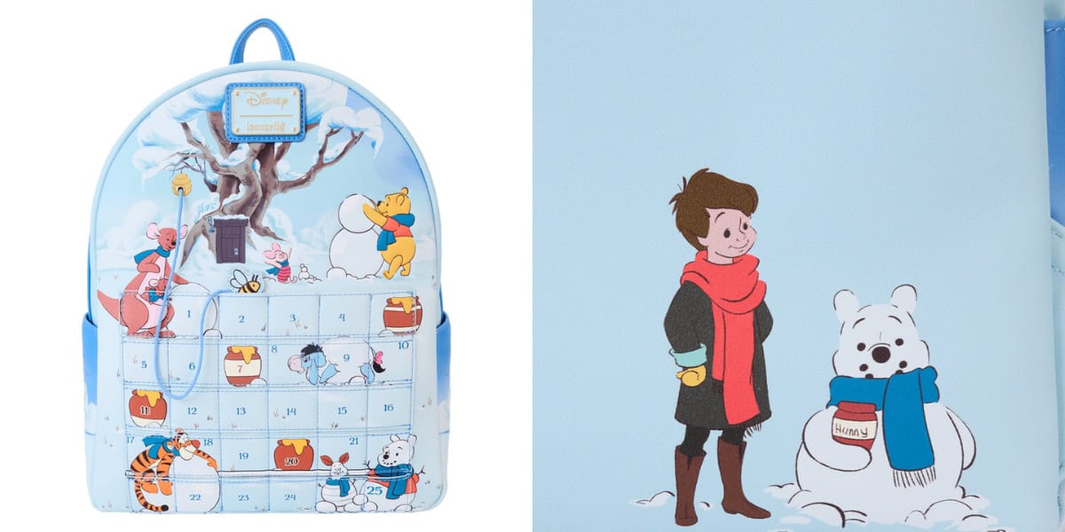 A blue Disney-themed backpack featuring winter scenes with characters like Tigger, Piglet, and Pooh, each in a calendar-style design. On the right, a cartoon boy in a red scarf stands next to a snowman resembling Pooh, wearing a blue scarf.