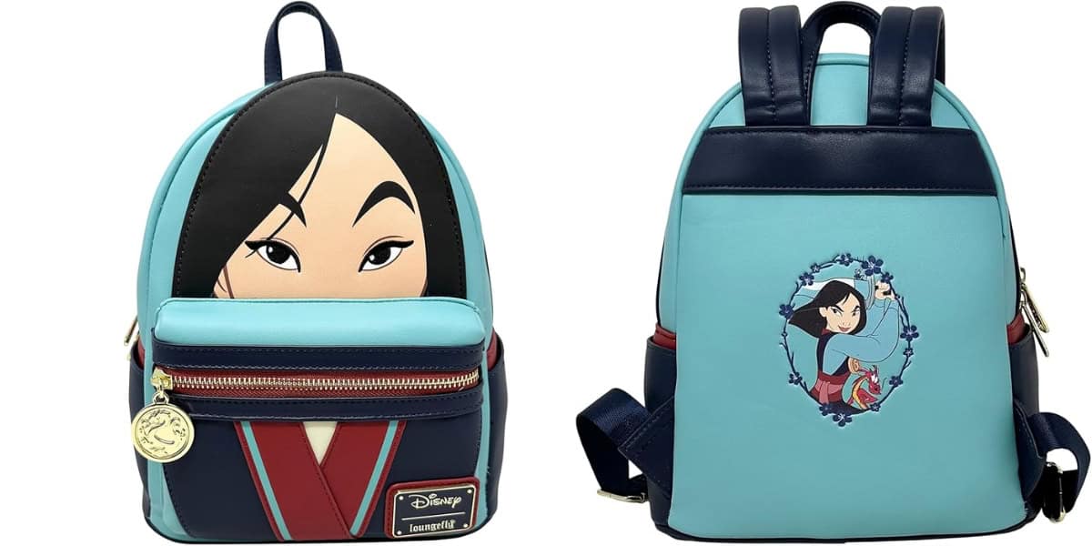 Two views of a Disney-themed backpack. The front shows a stylized image of a character's face with a zipper pocket below. The back features a full-body illustration of the character framed by floral design. The backpack is primarily blue and black.