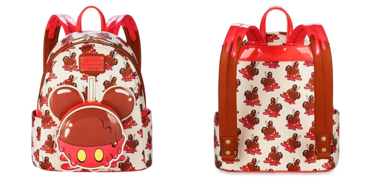 Two images show a backpack with red straps. The front has a large Mickey Mouse ice cream design, while the back features a pattern of the same design. The colors are primarily red, white, and brown.