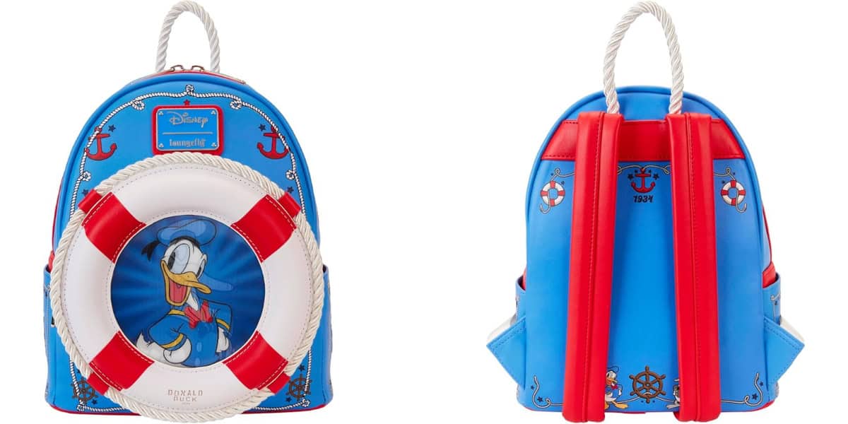 A vibrant blue backpack featuring nautical themes, with an illustration of a sailor cartoon duck inside a life preserver on the front. The back has red shoulder straps and decorative anchors and ship wheels.