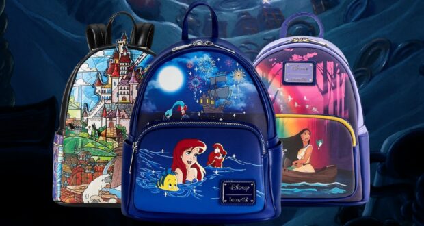 Three colorful Disney-themed backpacks are displayed. Each features characters and scenes from various Disney movies, including castles, ocean scenes, and a canoe on a river. They are set against a dark, whimsical background.