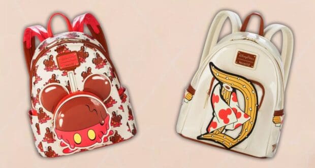 Two colorful backpacks are displayed. The left one features a red and brown cartoon mouse design with a chocolate theme. The right one is cream-colored with a large letter "D" in a western style, adorned with heart patterns.