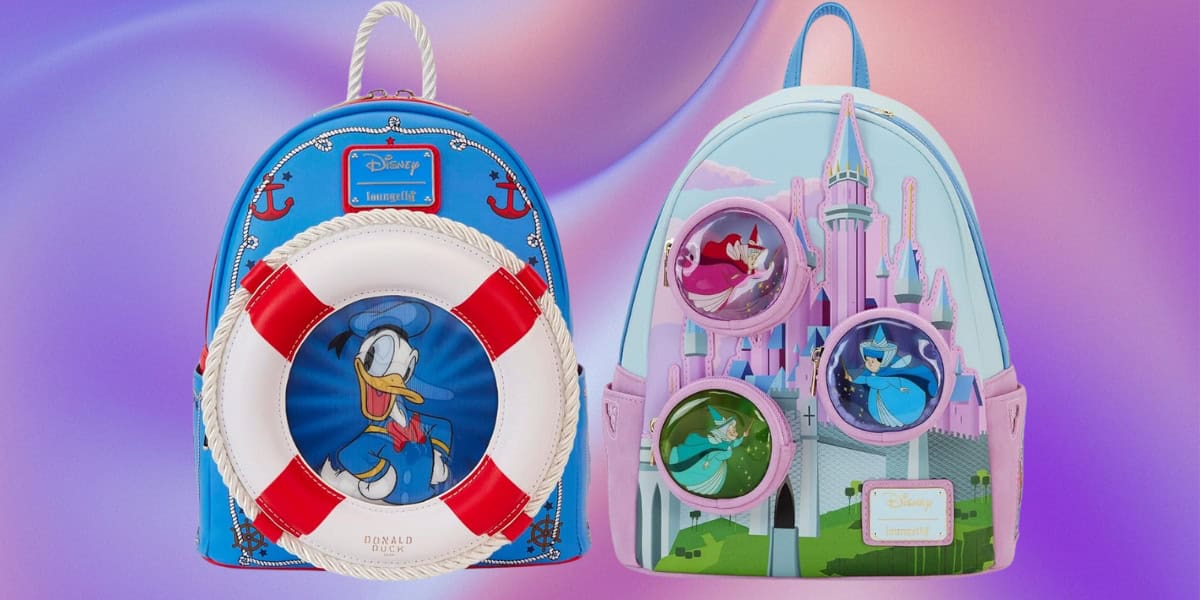 Two colorful Disney-themed backpacks are displayed. The first features Donald Duck with a nautical theme and a lifebuoy. The second showcases Disney Princesses Ariel, Aurora, and Cinderella with a castle in the background.