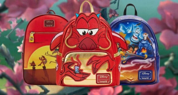 Three Disney-themed backpacks are displayed against a blurred floral background. The designs feature Mushu from "Mulan," Simba from "The Lion King," and Genie from "Aladdin," each with vibrant colors and detailed artwork.