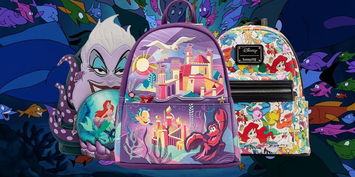 Three vibrant backpacks featuring characters from "The Little Mermaid" are displayed. Each bag showcases colorful designs of Ariel, Ursula, Sebastian, and other characters in underwater and fantasy scenes, set against a backdrop inspired by the movie.
