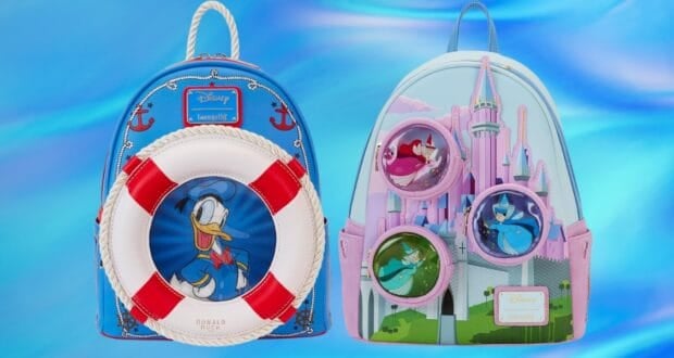 Two Disney-themed backpacks: one blue with a nautical design featuring Donald Duck and a lifebuoy, and the other pink with a castle and circular windows displaying Disney princesses. Both are set against a soft blue background.