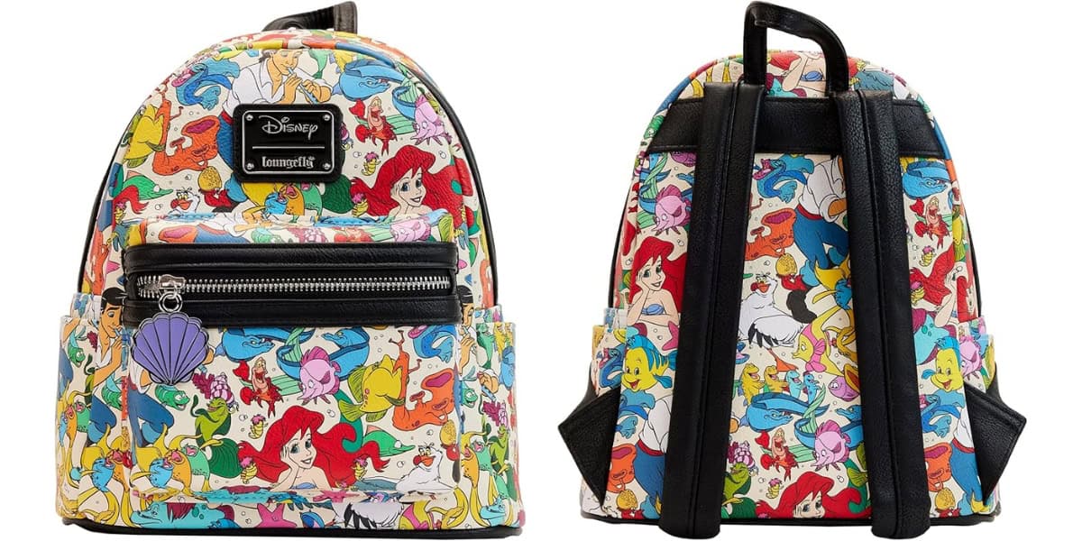 Colorful backpack with Disney characters, featuring a design with Ariel from "The Little Mermaid" and other sea creatures. It has black straps and a front pocket, adorned with a purple shell zipper pull.