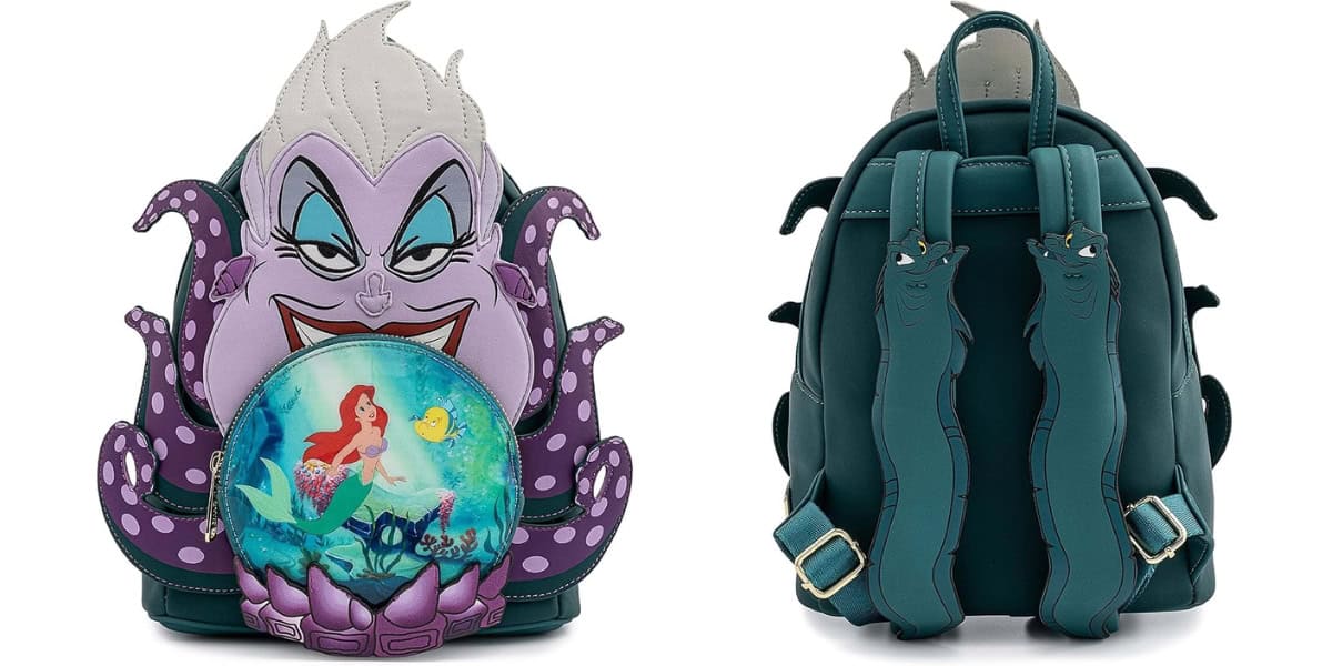Front and back views of a themed backpack. The front features a purple sea witch with tentacles and a globe displaying an underwater scene with a mermaid and fish. The back is teal with adjustable straps designed like sea creatures.