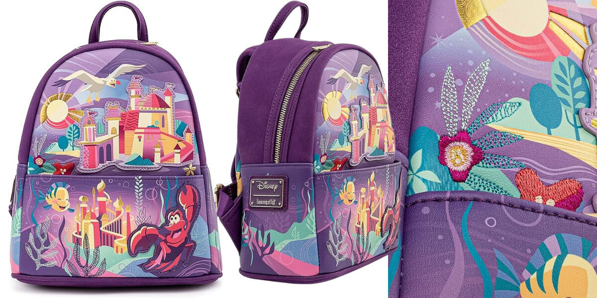 A colorful backpack featuring Disney's "The Little Mermaid" theme. It shows vibrant illustrations of a castle, seagull, and Sebastian the crab under the sea, set against a purple background. The bag has gold zippers and Disney branding.