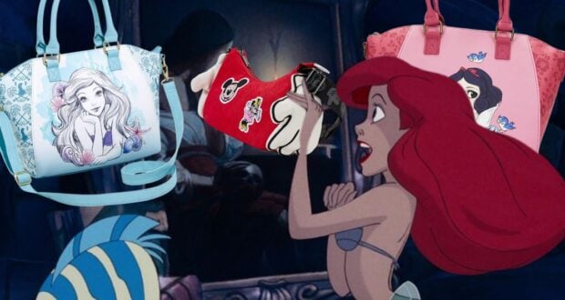 The image features a surprised cartoon mermaid with red hair looking at three handbags. Each bag is adorned with different animated character designs, one with a mermaid, another with a mouse, and the third with a princess.