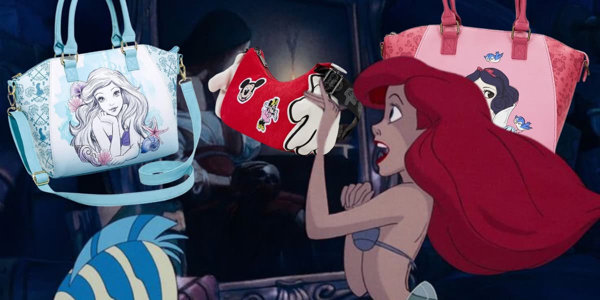 The image features a surprised cartoon mermaid with red hair looking at three handbags. Each bag is adorned with different animated character designs, one with a mermaid, another with a mouse, and the third with a princess.