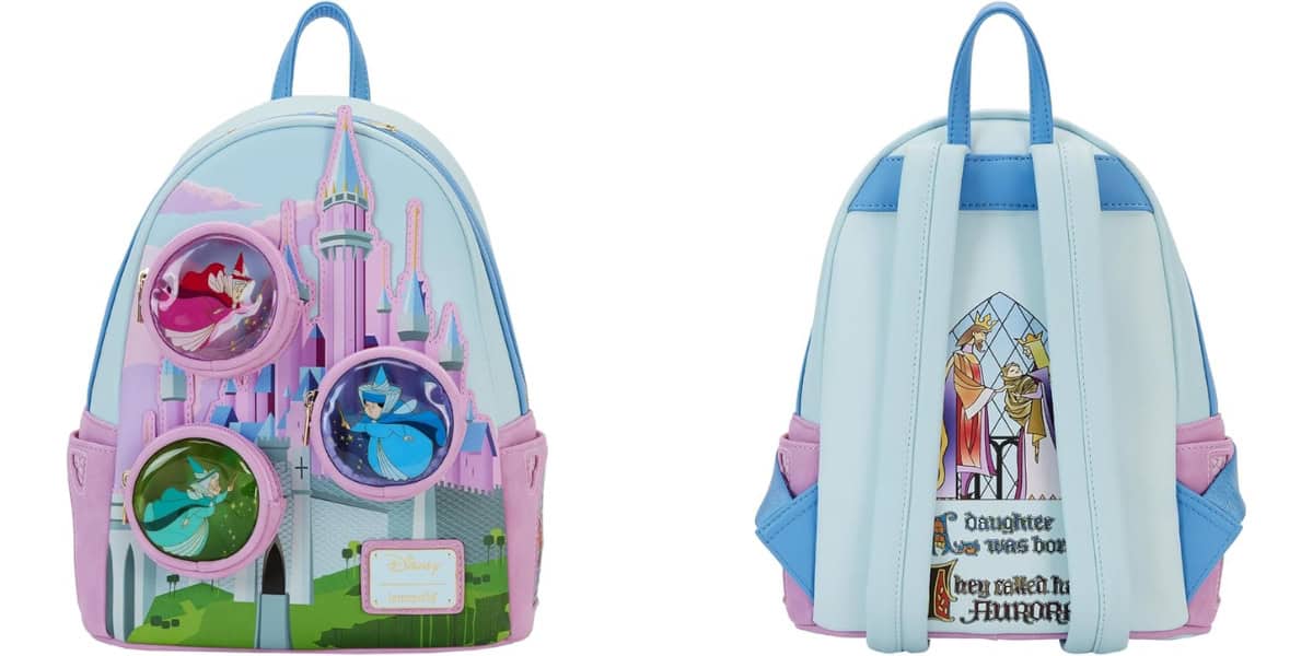 A colorful backpack featuring three princesses on the front within circular frames against a castle backdrop. The back shows text with a stained-glass design. The sides are pastel pink and blue.