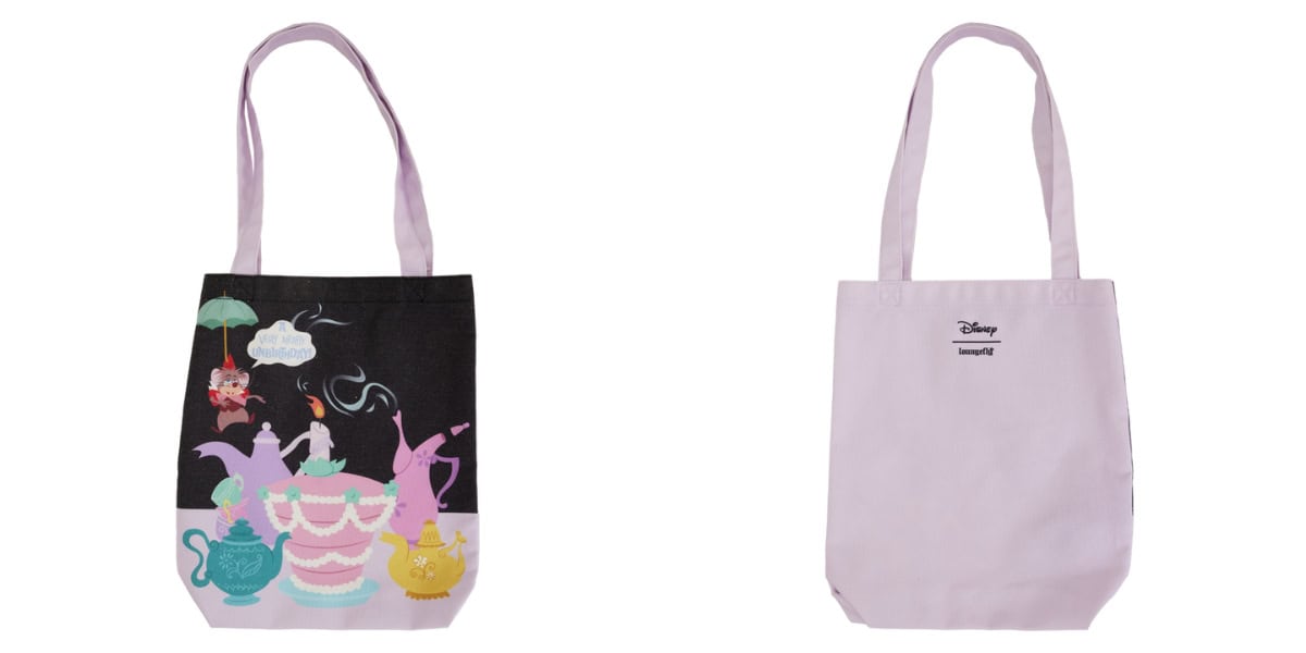 Two sides of a pastel purple tote bag with long handles. One side features colorful illustrations of characters dancing around a large teacup under umbrellas. The other side is plain with "Disney" and another logo printed in black near the top.