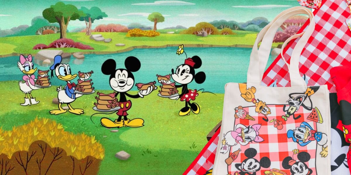 Animated scene featuring Daisy Duck, Donald Duck, Mickey Mouse, and Minnie Mouse having a picnic by a lake, each holding sandwiches. Next to the picnic scene is a bag decorated with images of Mickey and Minnie in various poses with a red checkered pattern.