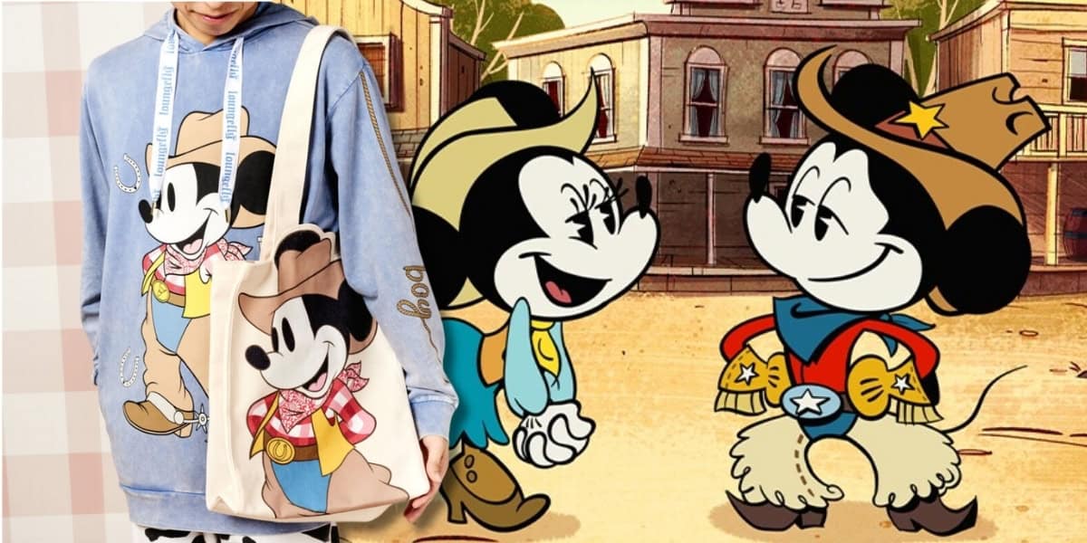 Two cartoon mice dressed as cowboys stand in a Western town. The left mouse wears a blue jacket, red bandana, and hat. The right mouse has a blue vest and chaps. A person in a matching cartoon hoodie holds a bag featuring the same left mouse.