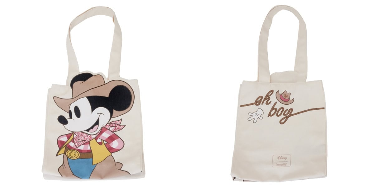 Two beige tote bags are shown. The left bag features Mickey Mouse wearing a cowboy hat, red bandana, yellow shirt, and blue pants. The right bag displays the words "oh boy" with a cowboy hat and glove. Both bags have long handles for carrying.