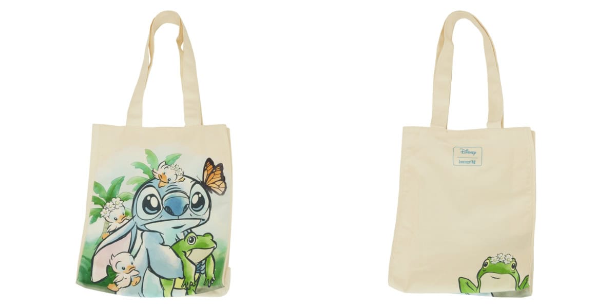 A beige tote bag featuring characters from "The Princess and the Frog." The front side shows Princess Tiana as a frog, Louis the alligator, and a butterfly with a background of plants. The back side displays a small frog with a crown.