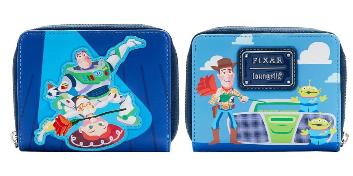 Two blue wallets featuring cartoon characters. One wallet shows an astronaut and cowboys surrounded by clouds and sky. The other wallet displays a trio of green aliens beside a character holding a plant, with a Pixar logo tag.