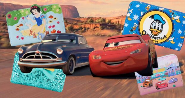 Two animated cars speed down a desert road. Overlaying the scene are colorful pouches featuring cartoon characters: a princess, a duck, and more cars from the same animation style.