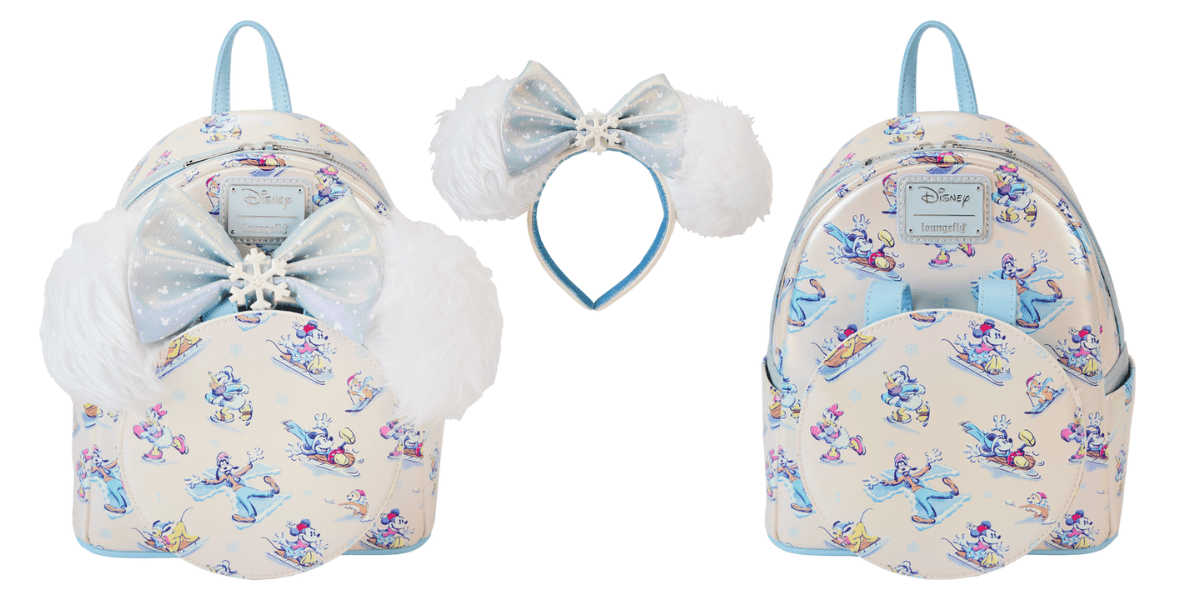 Two matching Disney-themed backpacks and a headband. The backpacks feature pastel-colored prints of character Elsa and others from Frozen on a light blue background, with a mini snowflake charm. The headband has fluffy white ears and a big bow with a snowflake charm in the center.