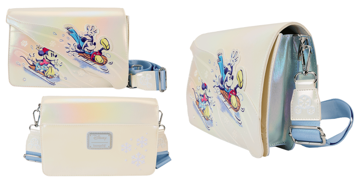 A holographic handbag decorated with Disney characters skiing. The front features Mickey Mouse, Pluto, and the bottom right includes a glittering silver Disney logo tag. The bag showcases icy blue strap accents and snowflake designs. Multiple views are shown.