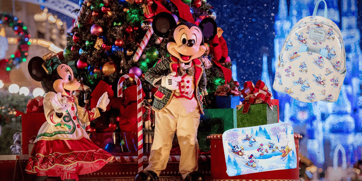 Mickey and Minnie Mouse, dressed in festive holiday outfits, stand in front of a Christmas tree with wrapped gifts at their feet. To the right, an animated Disney-themed backpack and a zippered pouch featuring winter scenes are shown.