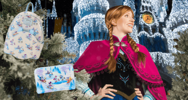 A person wearing a purple cloak stands in front of a beautifully lit castle adorned with holiday lights. Surrounding them are snow-covered trees, a backpack with a character pattern, and a matching purse, creating a festive winter scene.