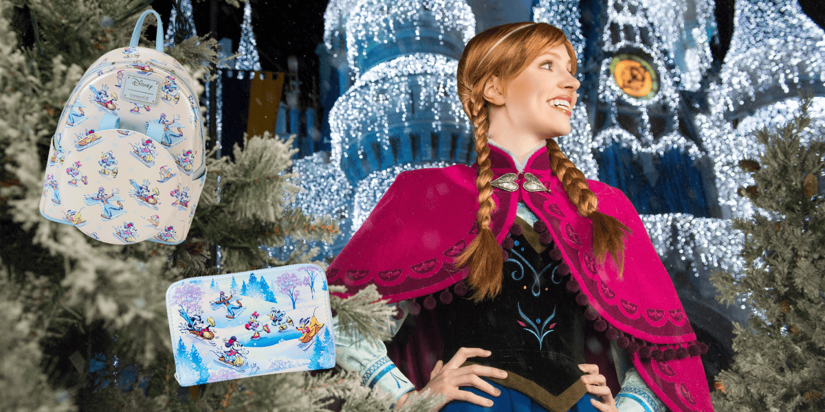 A person wearing a purple cloak stands in front of a beautifully lit castle adorned with holiday lights. Surrounding them are snow-covered trees, a backpack with a character pattern, and a matching purse, creating a festive winter scene.