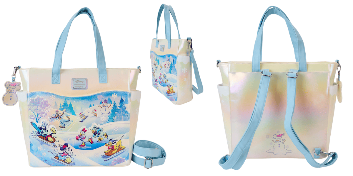 A pastel-colored handbag, featuring cartoon characters sledding down a snowy hill, is shown from various angles. It has light blue handles, a detachable shoulder strap, and side straps. A character-shaped charm is attached to one handle, and a snowman illustration is on the back.