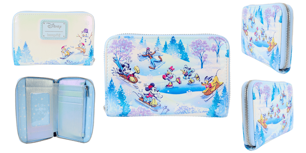 A winter-themed Disney zippered wallet features characters ice skating and sledding. The wallet displays an illustrated snowy landscape with trees. Inside, there are blue and white card slots. The zip-around design is visible from multiple angles.