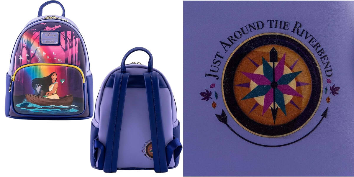 Purple backpack featuring a canoe scene from a cartoon with "Just Around the Riverbend" text and a compass design. Front and back views shown, highlighting the colorful illustration and blue straps.