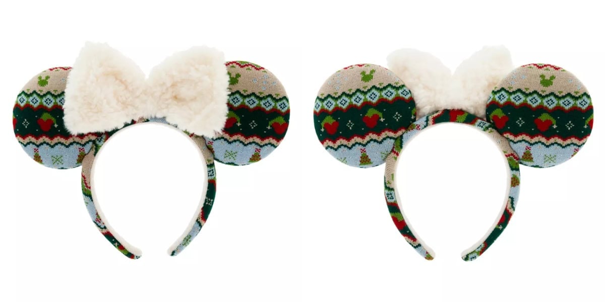 Two holiday-themed headbands with large ears. The first has a fluffy white bow, and both feature a festive pattern with red hearts, green designs, and small Christmas trees on a cream background.