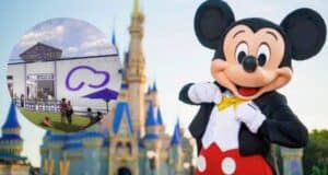 A person in a Mickey Mouse costume poses in front of a castle. Inset: A small building with a purple logo and people sitting on a grassy area nearby.