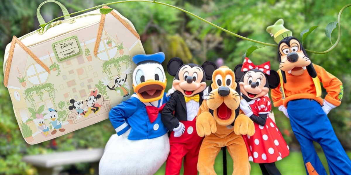 Five cartoon characters posing together outdoors. Next to them is a travel bag featuring a similar design with the characters illustrated on it. The background is lush and green, complementing the playful scene.