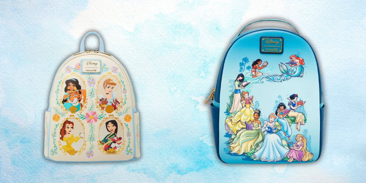 Two backpacks with Disney princess designs are displayed. The left backpack features floral elements and princess images, while the right backpack showcases multiple princesses on a blue background. The backdrop is a light blue pattern.
