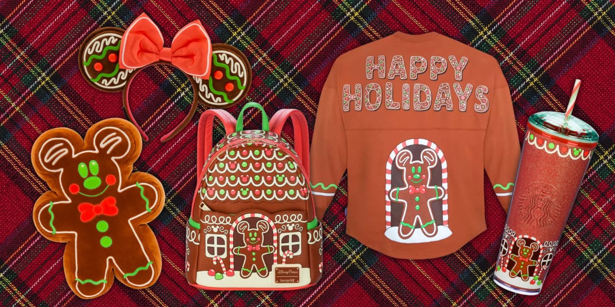 A festive display featuring Christmas-themed merchandise: a gingerbread man plush, a backpack, a tumbler, a shirt with "Happy Holidays" and gingerbread design, and Minnie Mouse ears with bows. All items have gingerbread and holiday motifs on a plaid background.
