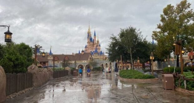 A picturesque view of a theme park featuring a large, iconic castle with blue spires in the background. The foreground shows an empty, wet pathway surrounded by trees and park lamps under a cloudy sky.