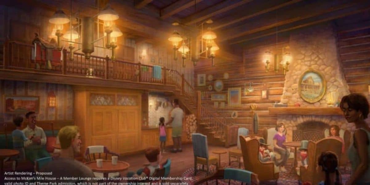 Illustration of a cozy lodge interior with wooden beams and a stone fireplace. Families and children enjoy the warm atmosphere. A staircase leads to a loft area. Soft lighting and rustic decor create a welcoming environment.