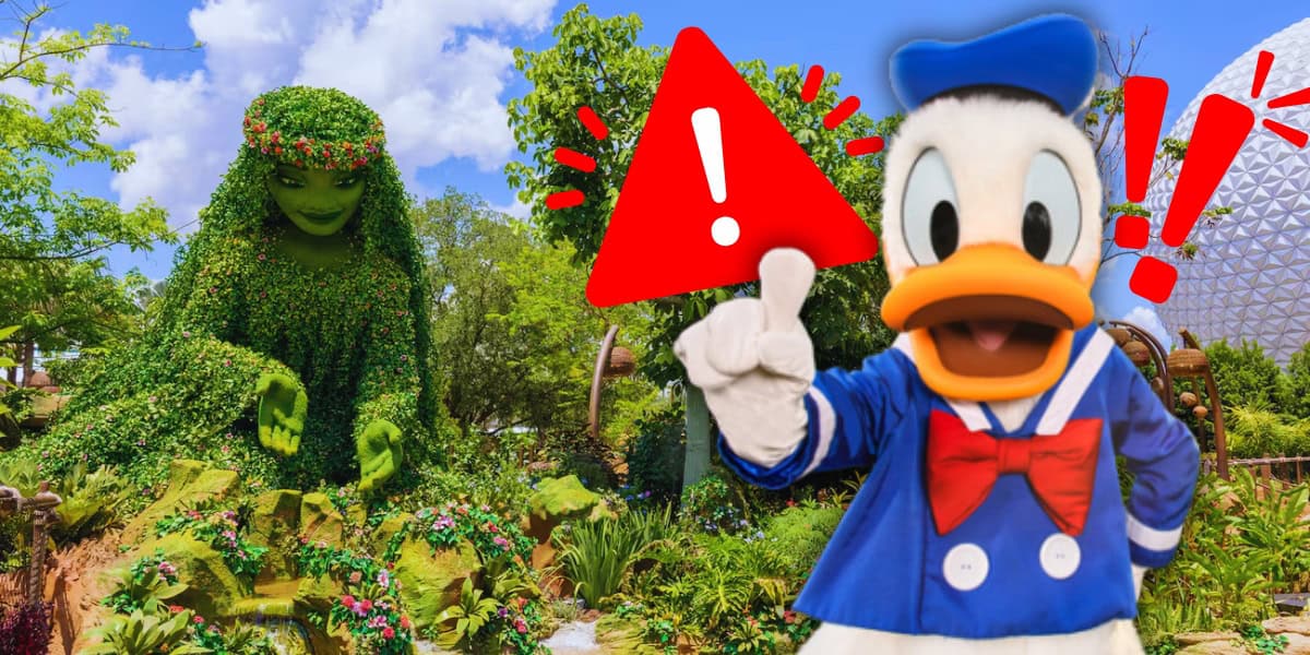 Donald Duck in his sailor outfit stands animatedly with a large red exclamation mark sign next to him. Behind him is a lush garden with a large plant sculpture of a lady surrounded by flowers and foliage. A geodesic dome structure is visible in the distance.