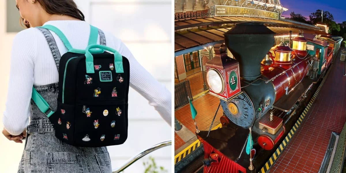 Left image: A person wearing a black backpack adorned with colorful pins, featuring teal accents. Right image: A brightly lit vintage train, marked with the number 4, at a station platform under warm, ambient lighting.