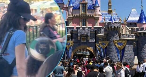 A crowded theme park scene shows people near a pink and blue castle with blue rooftops and turrets. Inset, a person wearing a hat and carrying a backpack walks alongside a child in front of a fence.